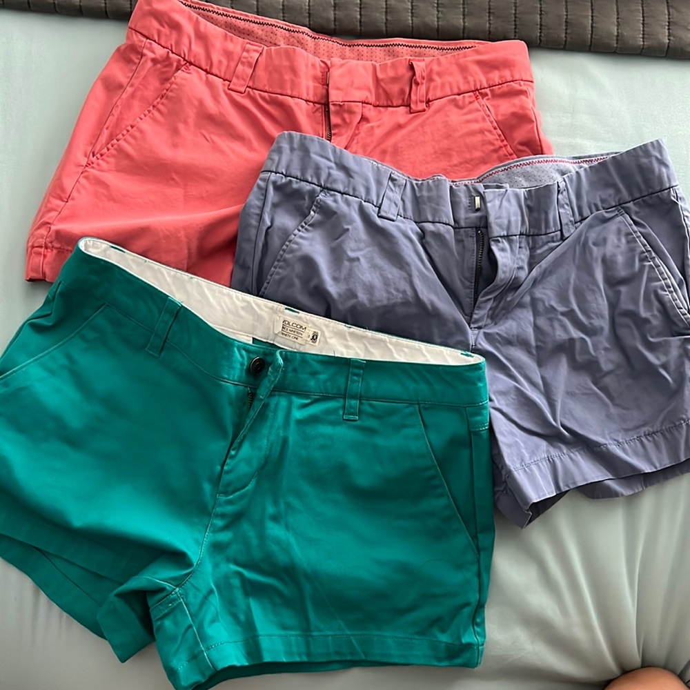 Coral & blue by uni qlo poly cotton shorts. Green cotton poly shorts by Volcom.